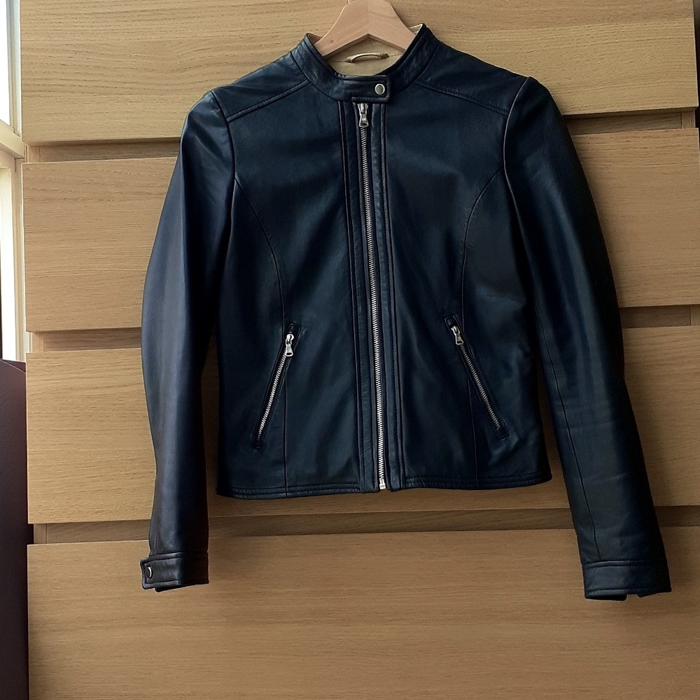 Massimo Dutti Genuine Sheep Leather Band Collar Dark Navy Leather Jacket xs